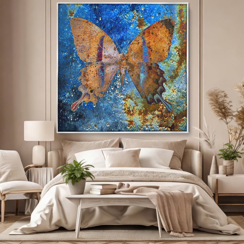 Tablou canvas cu tablou patrat cu fluture ruginiu, in rama de aluminiu argintiu, pe perete intr-un dormitor